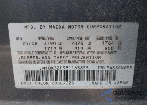 2008 Mazda Mazda3 I Touring Value из США, поврежденный, VIN JM1BK32F981163855